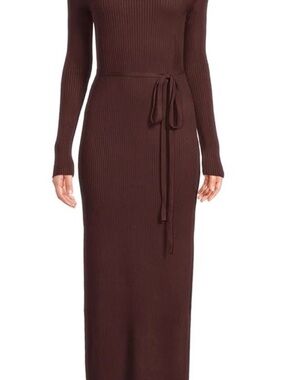 Ribbed Long Sleeve Tie-Waist Maxi Sweater pleated bottom Dress - Dark Brown
